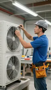Boilermaker Installing A New Hvac Inside A Building Mechanical Room At Work
