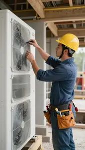 Boilermaker Installing A New Hvac Inside A Building Mechanical Room At Work
