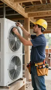 Boilermaker Installing A New Hvac In A Workshop Garage At Work Today
