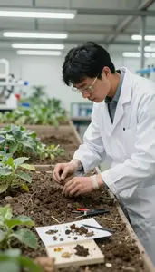 Botanist Collecting Soil Samples In In An Agricultural Research Field In