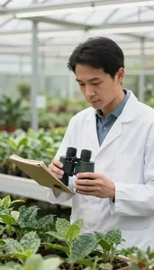 Botanist Managing A Nursery Of In A Botanical Garden Greenhouse At Work Location