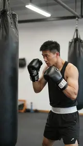 Boxing Coach Boxing With A Trainer In A Boxing Gym With Punching Bags At Work