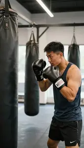Boxing Coach Boxing With A Trainer In A Boxing Gym With Punching Bags At