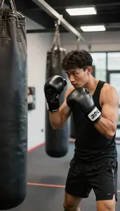 Boxing Coach Boxing With A Trainer In A Boxing Gym With Punching Bags At Work