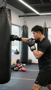 Boxing Coach Boxing With A Trainer In A Boxing Gym With Punching Bags At
