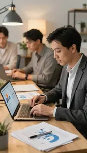 Branch Manager Working On A Pitch In A Sales Team Open Office Area In