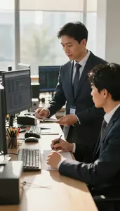 Brand Manager Conducting A Performance Review In A Financial Trading Floor At