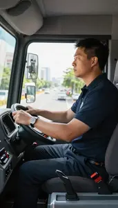 Bus Driver Driving A Bus Through Inside A Fire Truck Cab In Professional Setting