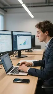 Business Analyst Analyzing Market Trends On In A Co Working Shared Office Space