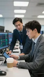 Business Analyst Mentoring A Junior Colleague In A Stock Brokerage Trading Desk