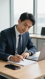 Business Analyst Writing A Business Proposal In An Audit Examination Room In