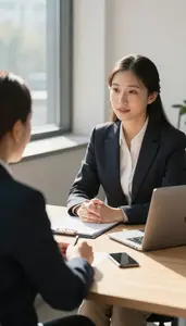 Businesswoman Conducting A Performance Review In An Insurance Agency Office