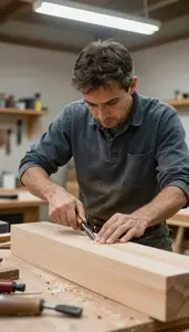 Cabinet Maker Carving Wood With Hand In A Woodworking Carpentry Workshop In