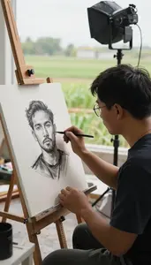 Calligrapher Painting A Portrait In In A Documentary Field Location In Daily