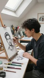 Calligrapher Painting A Portrait In In A Comic Art Drawing Studio At Work