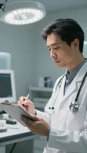 Cardiologist Reviewing Medical Charts On In A Clinical Trial Observation Room
