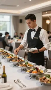 Catering Manager Coordinating Catering For A In A Banquet Hall Being Set Up