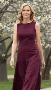 Caucasian Woman In Burgundy Tiered Cocktail Gown Garden Glamour Portrait