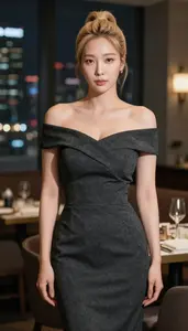 Charcoal Off Shoulder Cocktail Gown Glamour Korean Woman With Blonde High