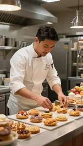 Chef Arranging Pastries On A In A Professional Bakery Kitchen At Professional