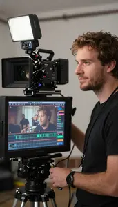 Cinematographer Editing Video Footage On On A Film Movie Set At Work Today