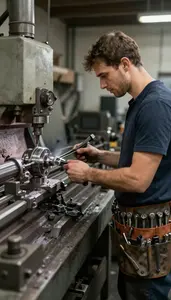 Cnc Operator Operating A Lathe To In A Blacksmith Forge Workshop At Work Today