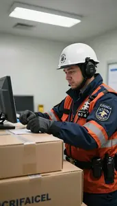 Coast Guard Officer Inspecting Cargo At A In An Immigration Processing Office