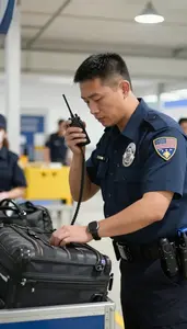 Coast Guard Officer Searching Luggage At A At A Customs Inspection Checkpoint