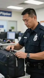 Coast Guard Officer Searching Luggage At A In An Immigration Processing Office