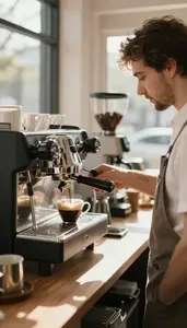 Coffee Roaster Pouring Coffee Using A At A Specialty Coffee Shop Counter In