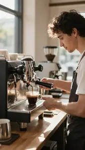 Coffee Roaster Pouring Coffee Using A At A Specialty Coffee Shop Counter At Work
