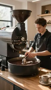 Coffee Roaster Roasting Coffee Beans In At A Specialty Coffee Shop Counter At