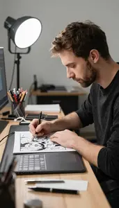 Comic Book Artist Drawing Comics In A In A Digital Art Creation Studio In