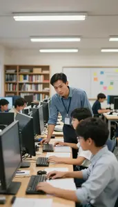 Computer Science Teacher Mentoring Students In An In A Pe Gymnasium In
