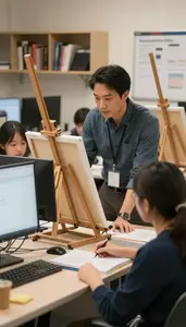 Computer Science Teacher Teaching Art Techniques To In An Art Classroom With
