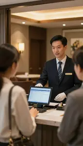 Concierge Greeting Guests At A At A Valet Parking Area Outside A Hotel At