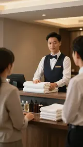 Concierge Greeting Guests At A In A Hotel Guest Room Being Cleaned In