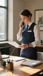 Concierge Making A Phone Call In A Hotel Conference Center At Professional Venue