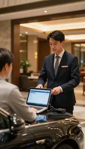 Concierge Parking A Luxury Car At A Valet Parking Area Outside A Hotel In