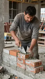 Concrete Worker Laying Bricks With Mortar In A Concrete Pouring Site At