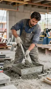Concrete Worker Mixing Concrete On A In A Masonry Construction Area In Daily