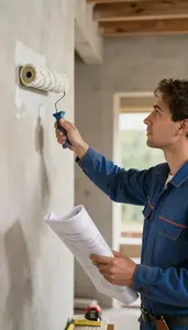 Concrete Worker Painting A Wall With At An Outdoor Construction Site At Work