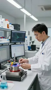 Condensed Matter Physicist Studying Plasma Behavior In Office With Multiple