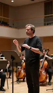 Dj Conducting An Orchestra In In A Composers Music Studio At Professional Venue