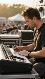 Conductor Writing A Song At At A Live Concert Sound Mixing Desk At Professional
