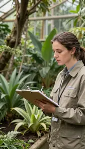 Conservationist Observing Wildlife In A In A Botanical Research Greenhouse At