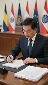 Consul Issuing A Consular Document In A Diplomatic Reception Hall At
