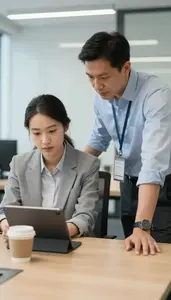 Consultant Mentoring A Junior Colleague In A Public Relations Agency Office
