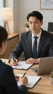 Corporate Trainer Conducting A Performance Review In An Insurance Agency Office