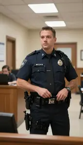 Correctional Officer Patrolling A Correctional Facility In A Formal Courtroom